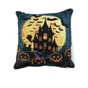 Feelin Spooky Halloween Throw Pillow Beaded Haunted House Bats Pumpkins Moon 18"